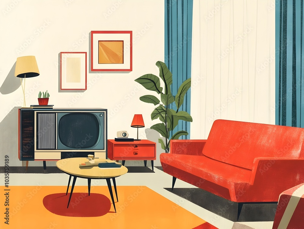 Fototapeta premium Retro Inspired Mid Century Modern Living Room with Vibrant Colors and Stylish Furnishings