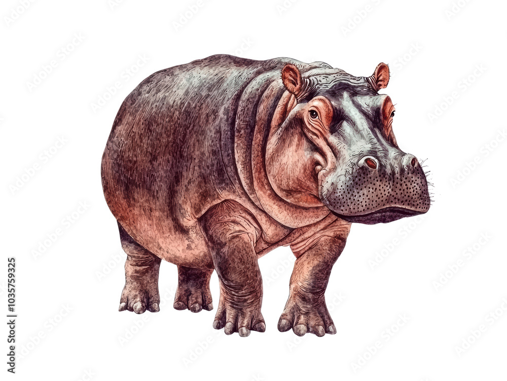 A detailed illustration of a hippopotamus, showcasing its robust body and characteristic features A detailed illustration of a hippopotamus, showcasing its robust body and characteristic features