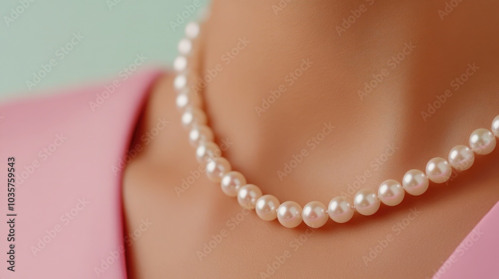 Elegant Pearl Necklace on Womans Neck with Pink Blouse Elegant Pearl Necklace on Womans Neck with Pink Blouse