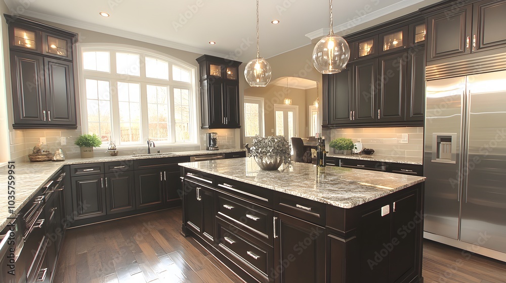 Contemporary kitchen layout with dark cabinetry and metallic finishes Contemporary kitchen layout with dark cabinetry and metallic finishes