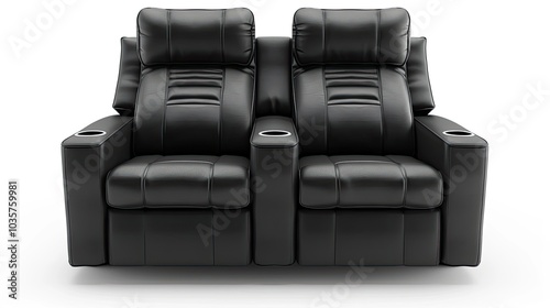 Isolated Front and Angled Views of Movie Theater Seats in Black Leather, Showcasing Modern Design Elements Against a Clean White Background