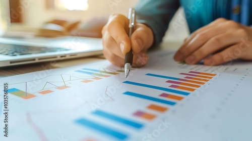 A person analyzing data with graphs and charts on paper, using a pen, with a laptop in the background.