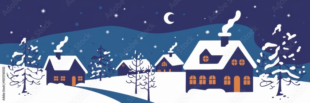 Winter Scene: Charming snowy houses under a crescent moon with a backdrop of serene mountains, perfect for holiday greetings.