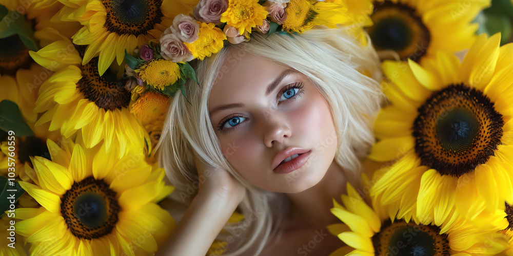 Radiant woman adorned with sunflowers and floral crown in vibrant yellow setting Radiant woman adorned with sunflowers and floral crown in vibrant yellow setting