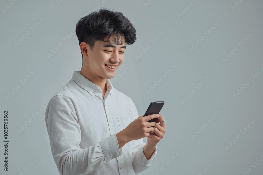 A handsome young man of Asian appearance in a light shirt on a light background. The man looks at the phone. Advertising banner. A handsome young man of Asian appearance in a light shirt on a light background. The man looks at the phone. Advertising banner.