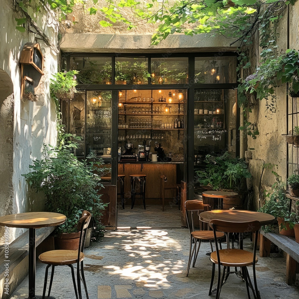 Fototapeta premium Outdoor Cafe Patio with Stone Floor and Wooden Tables and Chairs