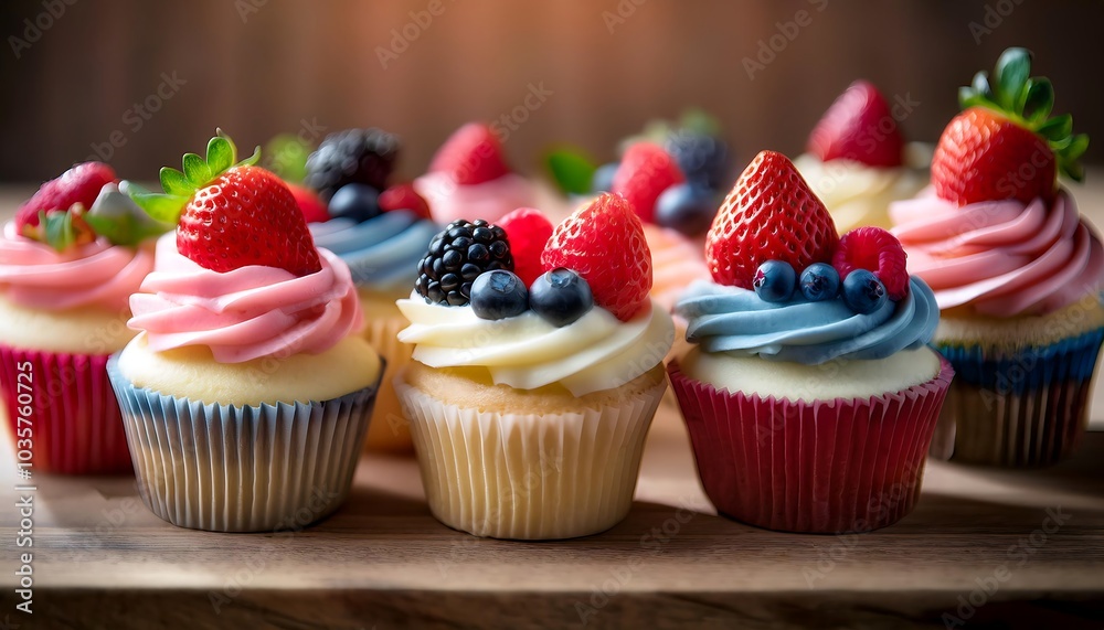 Deliciously decorated cupcakes topped with fresh strawberries, blueberries, and blackberries for a delightful treat. Generative AI Deliciously decorated cupcakes topped with fresh strawberries, blueberries, and blackberries for a delightful treat. Generative AI