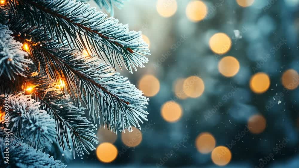 A frosted pine branch with twinkling lights, a winter wonderland scene