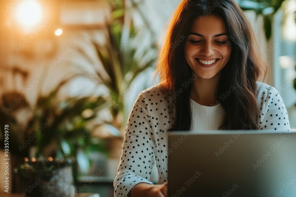 Support Agent Smiling While Working on Laptop in Vibrant Workspace Support Agent Smiling While Working on Laptop in Vibrant Workspace