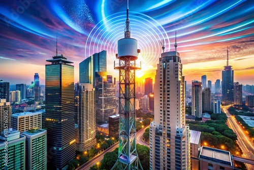 Wallpaper Mural Macro Photography of 5G Smart Technology City Internet Signal Tower with Vibrant Signals and Urban Landscape Torontodigital.ca