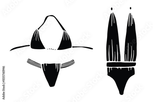 Glamorous Swimsuit Icon Set. Fashion doodle clip art. Front, black color. Isolated on a white background