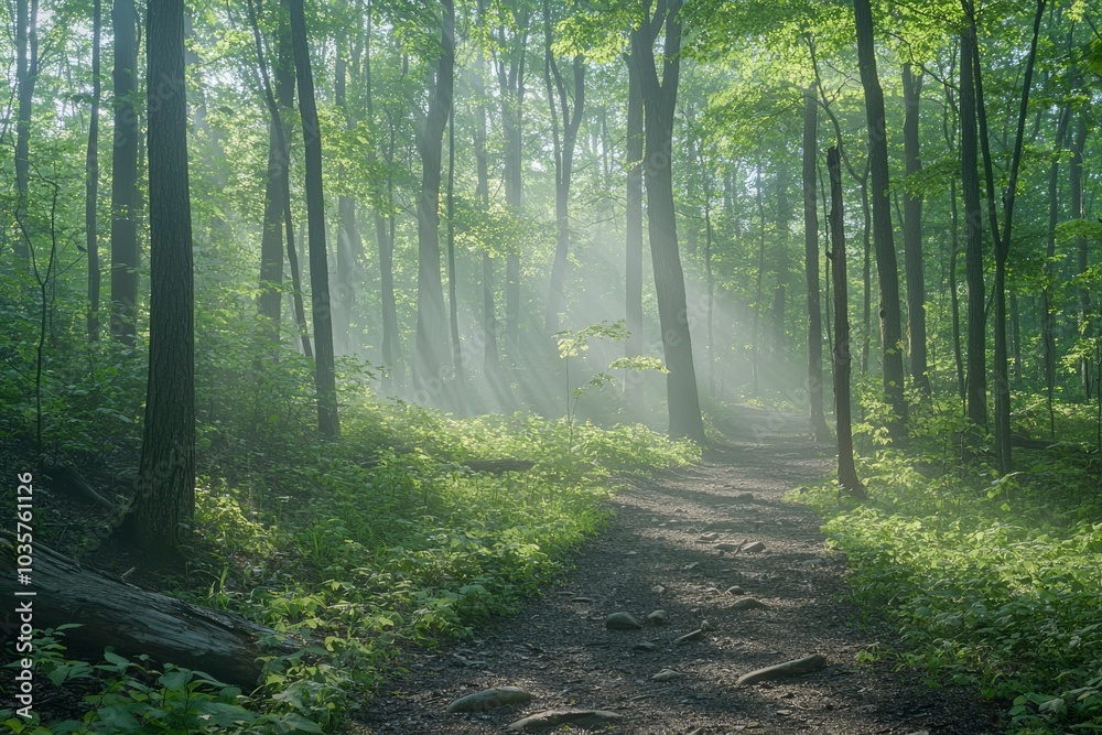 Fototapeta premium Sunbeams Illuminating a Foggy Forest Path
