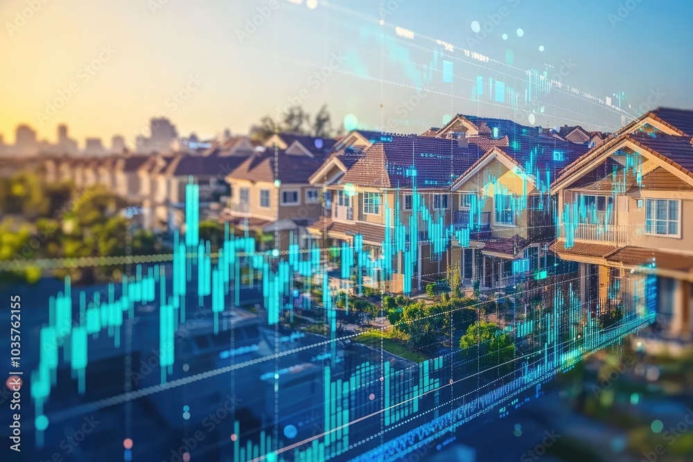 Fototapeta premium Stock Market Growth with Homes. AI generated illustration.