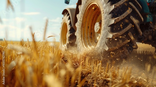 Close-Up of a Modern Tractor in Action in a Wheat Field, Showcasing Advanced Farm Work Technology and Agricultural Efficiency Against a Scenic Rural Background