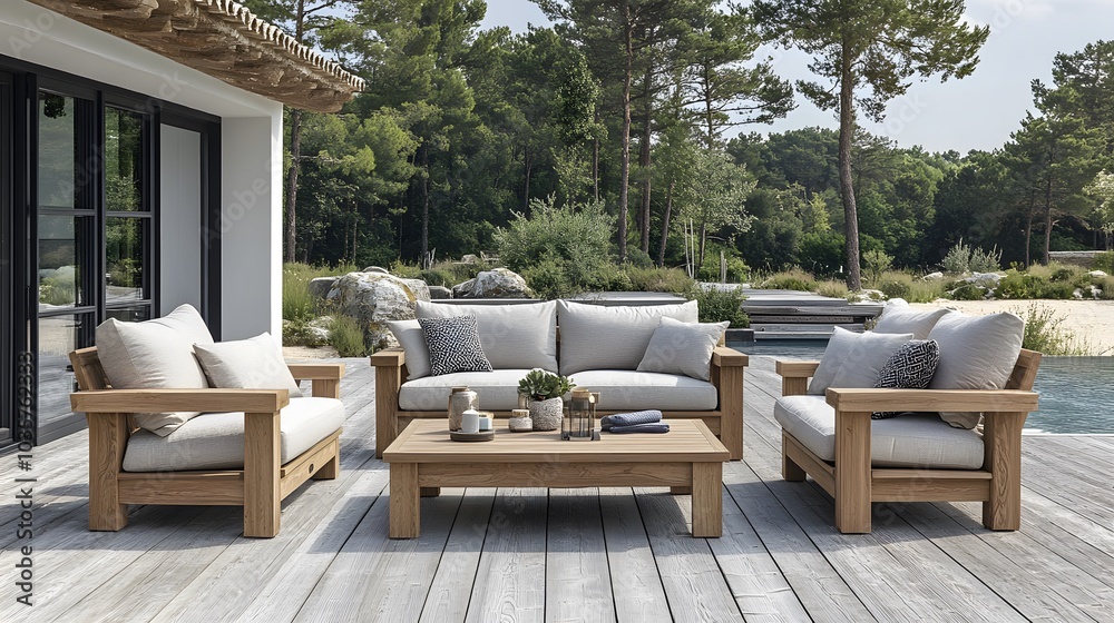 Fototapeta premium Minimalist outdoor patio with light wood furniture and clean lines