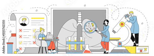 Doctors examine lungs. Man with microscope and woman with magnifying glass study respiratory system. Tests and experiments in laboratory. Linear vector illustration