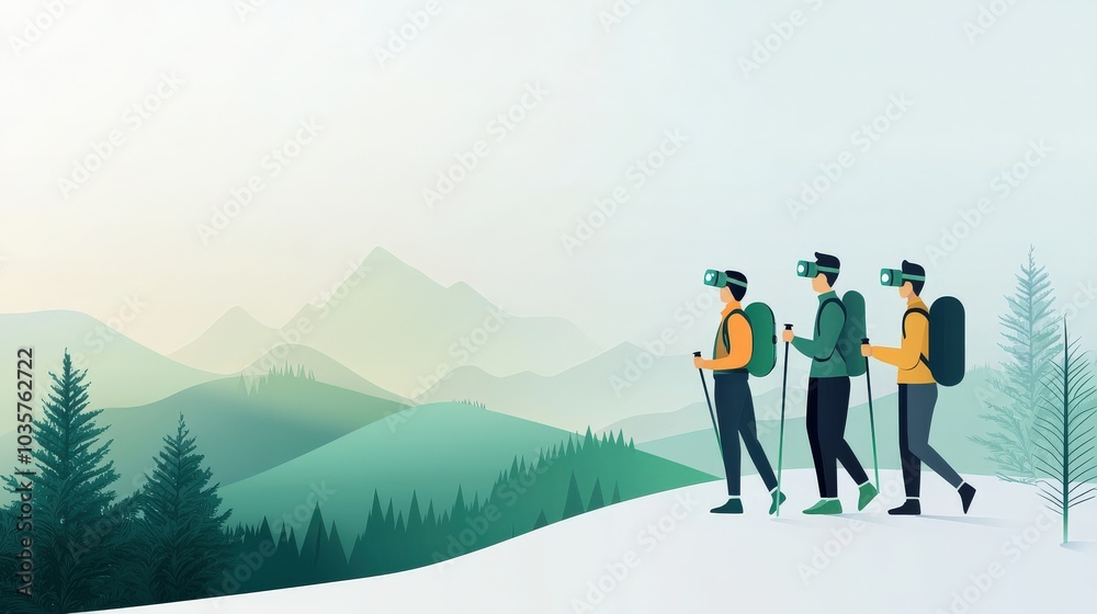 Hikers Using AR Glasses in Scenic Landscape Hikers Using AR Glasses in Scenic Landscape