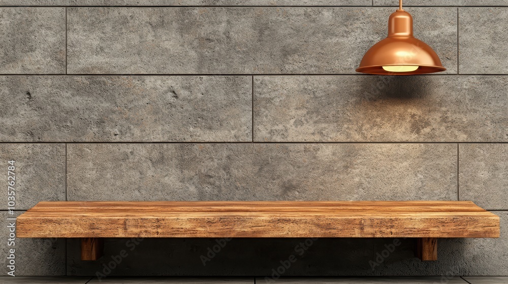 A stylish wooden shelf against a textured gray wall, illuminated by a warm copper lamp, perfect for modern interior design. A stylish wooden shelf against a textured gray wall, illuminated by a warm copper lamp, perfect for modern interior design.