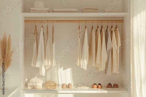 A serene closet showcasing a minimalist style with neutral tones, neatly organized clothing and accessories. photo