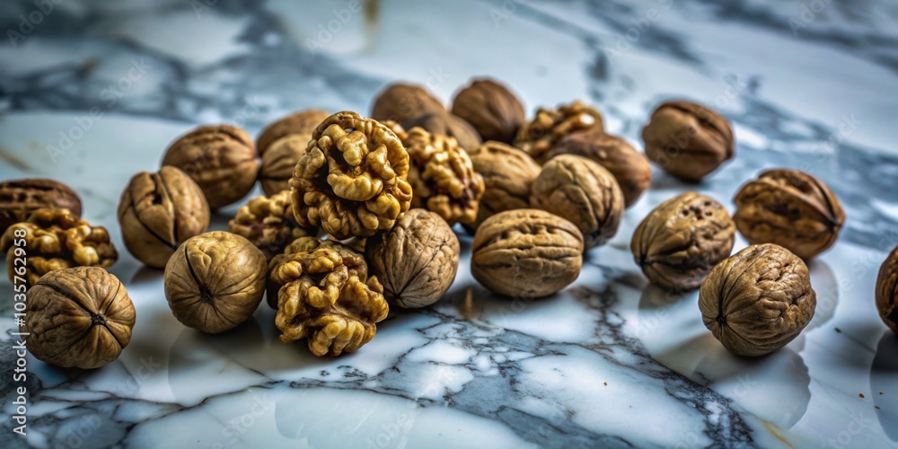 Macro Shot of Scattered Walnuts on White Marble Table for Natural Food Photography Macro Shot of Scattered Walnuts on White Marble Table for Natural Food Photography