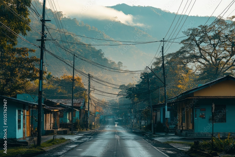 Naklejka premium Empty Street in a Mountain Village with Power Lines and Fog