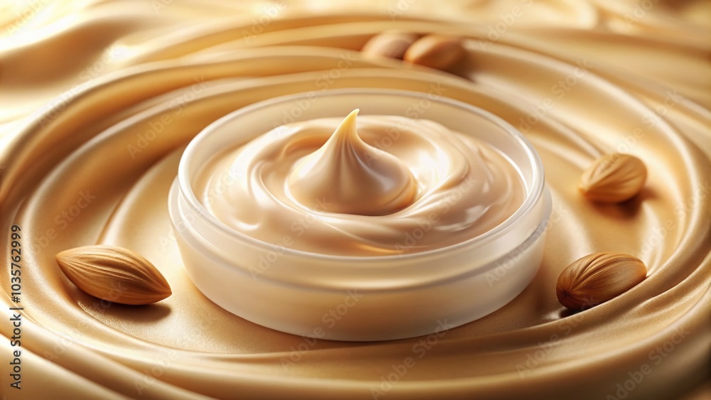 Macro Tilt-Shift Photography of Beige Day Cream with Almond Oil Wave Texture for Commercial Use
