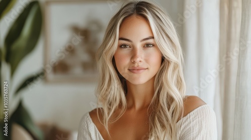 A serene portrait of a young woman with blonde hair, radiating natural beauty in a softly lit indoor setting.