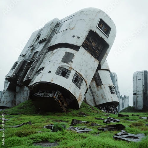 Abandoned mega-corporation buildings, broken down tech, dystopian future photo