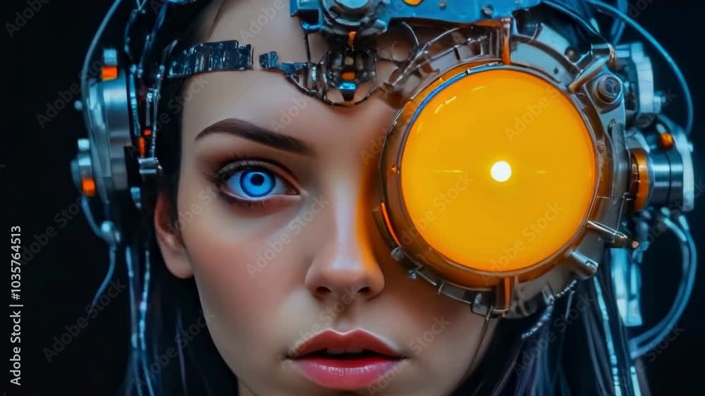 AI concept: robot portrait with female human face and visible data streams AI concept: robot portrait with female human face and visible data streams