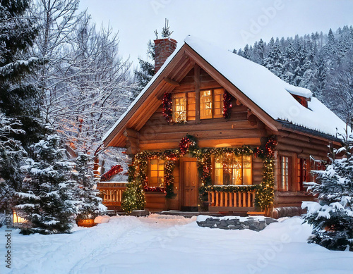 Cozy  chalet adorned with Christmas decorations amidst a snowy landscape