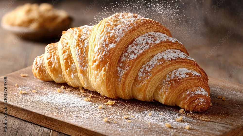 Delicious Freshly Baked Buttery Croissant Sprinkled with Powdered Sugar on Rustic Wooden Board