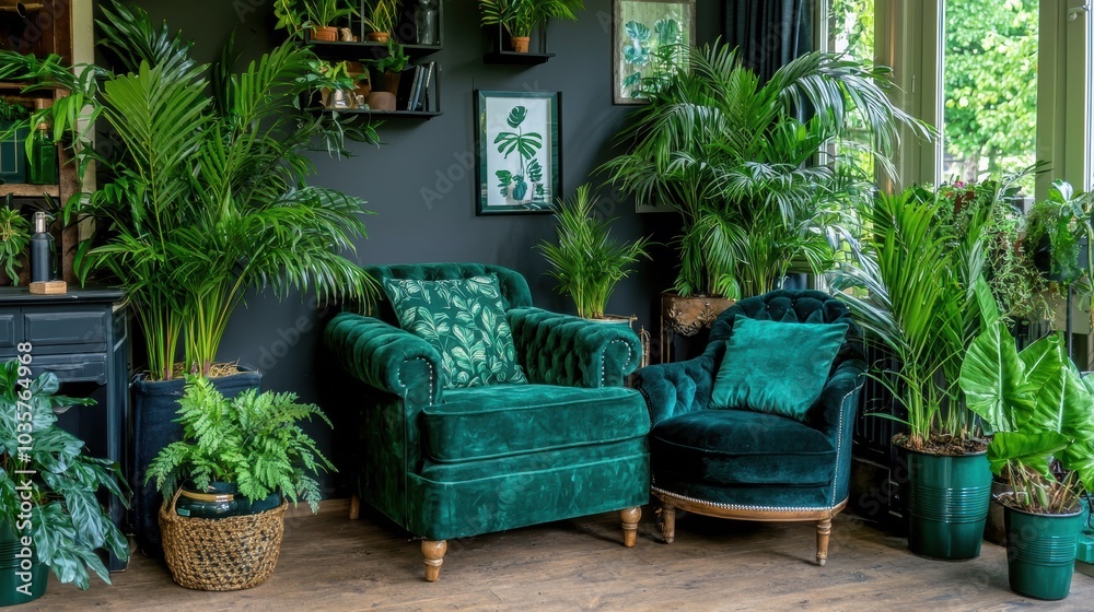 Elegant green armchair in a lush living room filled with vibrant plants, creating a serene, stylish atmosphere. Elegant green armchair in a lush living room filled with vibrant plants, creating a serene, stylish atmosphere.