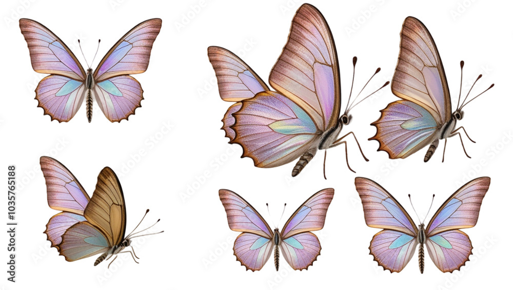 Butterflies with many angles, and a view of the frontal side head shot isolated on a transparent background cut out PNG