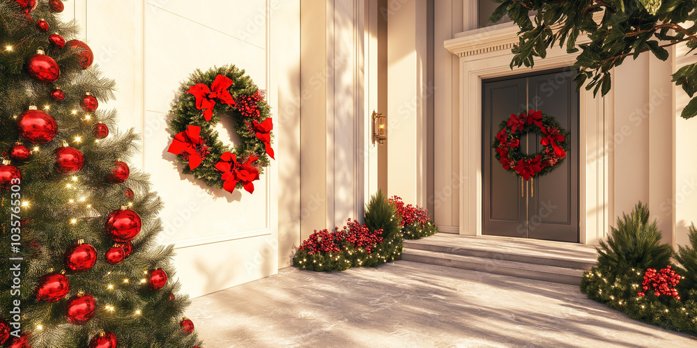 Entrance of a luxury house decorated with christmas decorations, white wall, 