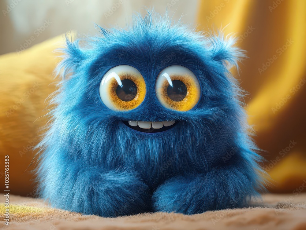 whimsical blue furry monster character with a friendly smile, featuring large expressive eyes and a playful pose, designed to charm and delight in a colorful cartoon style