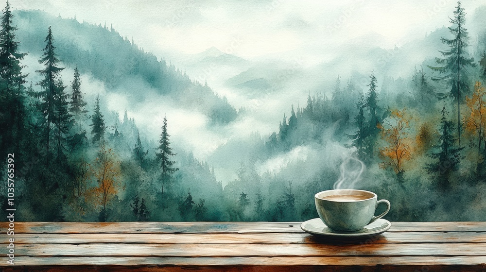 Serene Morning with Coffee in Misty Forest Serene Morning with Coffee in Misty Forest