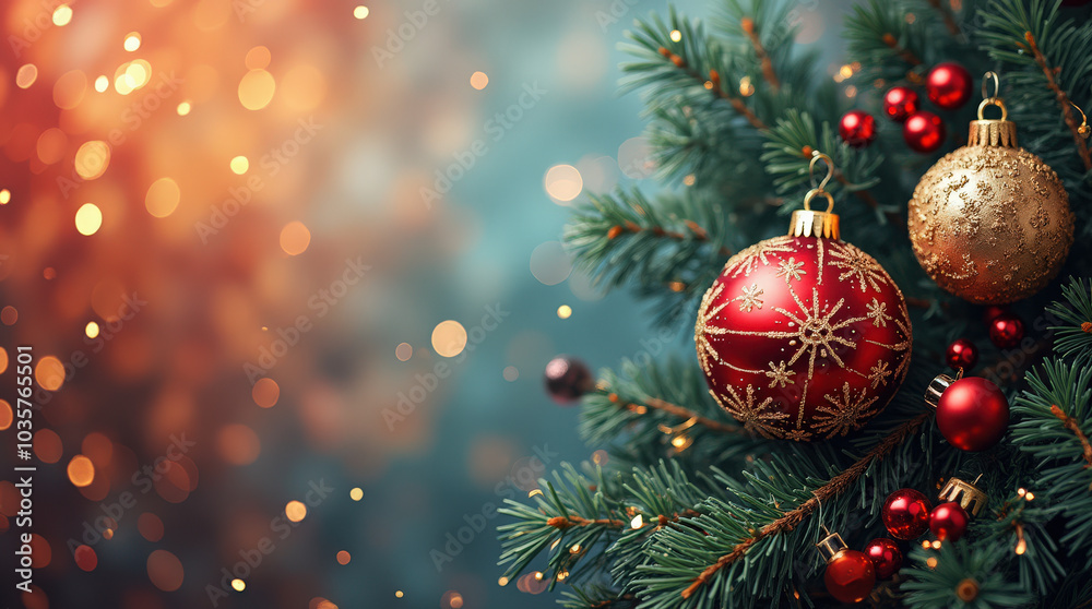 Festive Christmas Ornaments and Holiday Decorations with Sparkling Bokeh Lights – Perfect for Winter and New Year Celebrations Festive Christmas Ornaments and Holiday Decorations with Sparkling Bokeh Lights – Perfect for Winter and New Year Celebrations