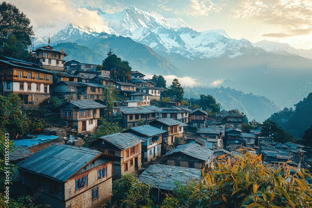 Obraz premium Traditional Houses nestled in a Himalayan Valley at Dawn