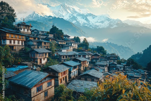 Traditional Houses nestled in a Himalayan Valley at Dawn