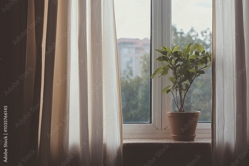 A potted plant sits on a windowsill, framed by sheer curtains. A potted plant sits on a windowsill, framed by sheer curtains.