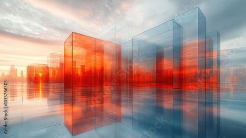 multiple exposure of modern abstract glass architectural forms creating a layered ethereal effect emphasizing transparency and light interplay in a striking visual presentation
