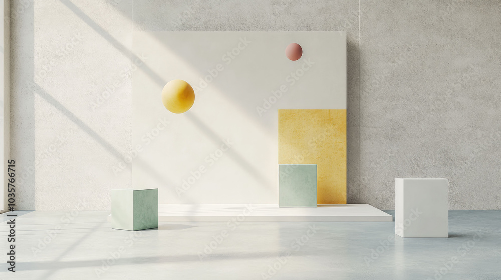 modern interior scene featuring geometric shapes, including floating spheres and cubes in soft pastel colors. minimalist design creates serene and artistic atmosphere