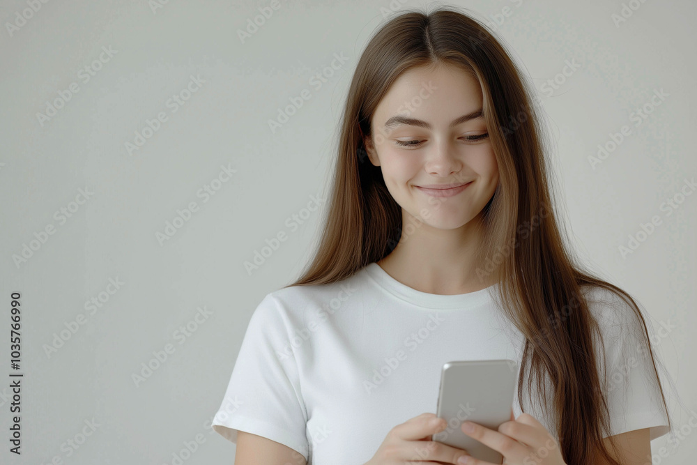 Beautiful young woman of European appearance in a white T-shirt on a light background. A woman looks at the phone. Advertising banner. Beautiful young woman of European appearance in a white T-shirt on a light background. A woman looks at the phone. Advertising banner.