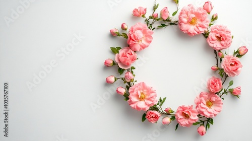 Delicate pink roses arranged in a circular wreath against a soft white background, embodying romance, femininity, and natural beauty in a minimalist design.