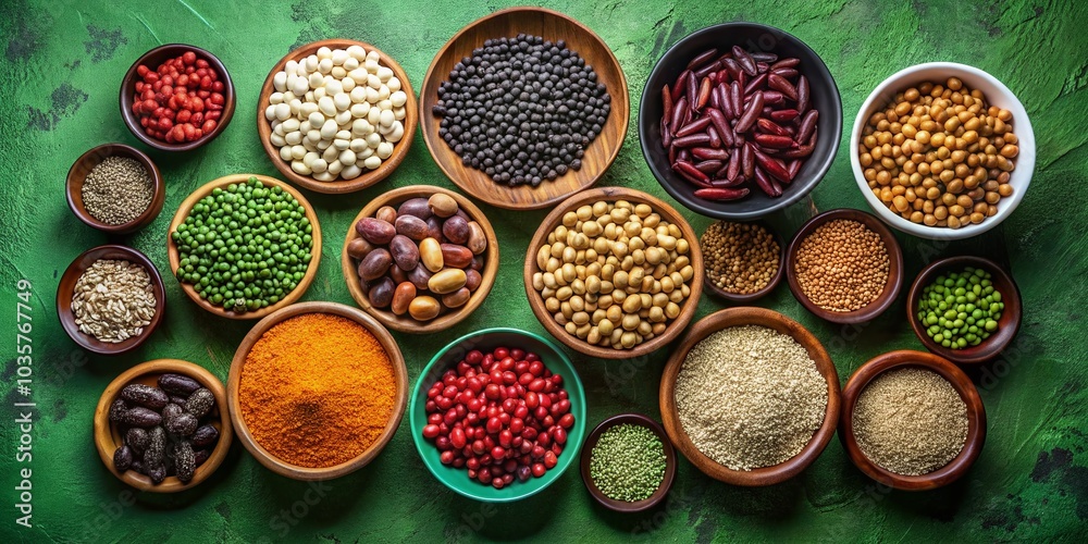 Fototapeta premium Minimalist Arrangement of Various Beans and Grains in Bowls on Green Background for Healthy Eating and Cooking