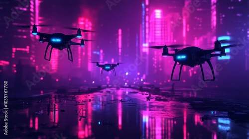 Dark dystopian skyline, neon lights reflecting off broken glass, malfunctioning drones patrolling