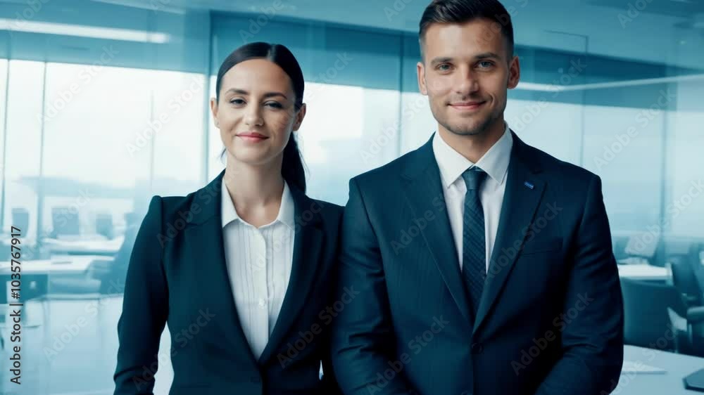Two corporate professionals standing confidently, both wearing business suits and looking determined. They represent success, leadership, and teamwork in a modern corporate environment. Two corporate professionals standing confidently, both wearing business suits and looking determined. They represent success, leadership, and teamwork in a modern corporate environment.