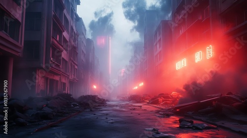 Dark dystopian streets, smog-filled skies, broken neon lights flickering in the distance