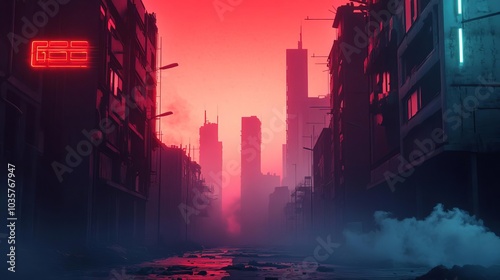 Dark dystopian streets, smog-filled skies, broken neon lights flickering in the distance