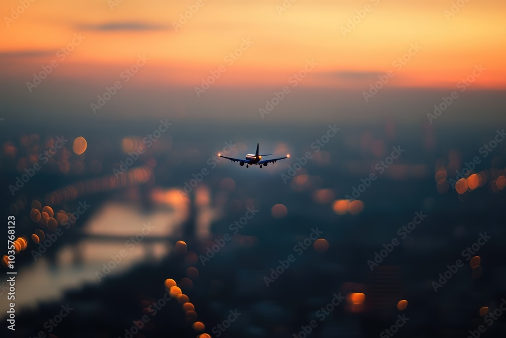 Airplane Over City. AI generated illustration. Airplane Over City. AI generated illustration.